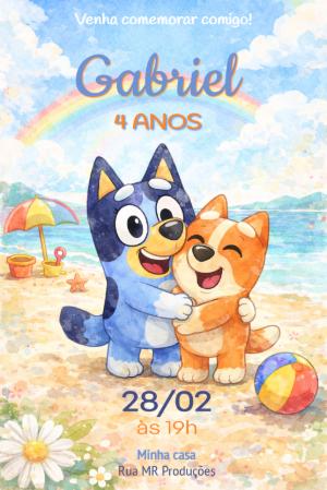 Convite Animado de Aniversário Bluey na Praia para Editar