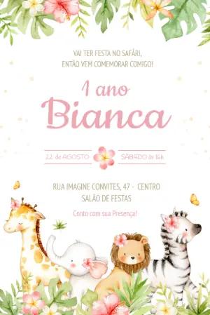 Convite Aniversário Safari Menina Aquarela para Editar Online