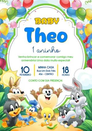 Convite de Aniversário Baby Looney Tunes Colorido para Editar
