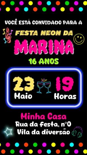 Convite de Aniversário Festa Neon Colorido para Editar