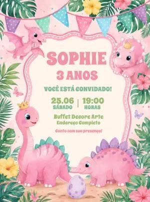 Convite de Aniversário Dinossauro Rosa para Editar Online