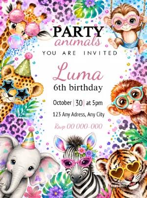 Cute Party Animals Birthday Invitation Editable Template