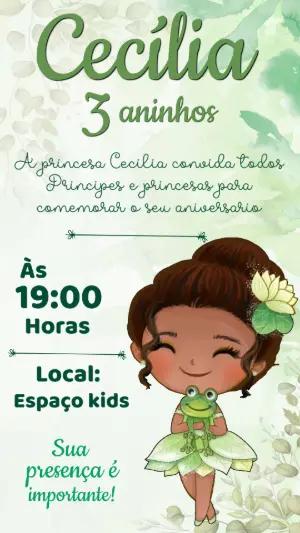 Convite Aniversário Infantil Princesa Tiana Verde Editável