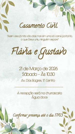 Convite Casamento Civil Elegante com Folhas Verdes Editável