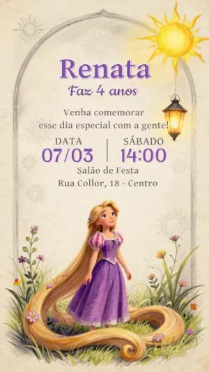 Convite de Aniversário Rapunzel Ilustrado para Editar