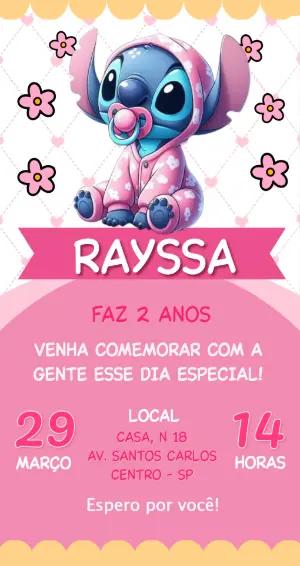 Convite de Aniversário Baby Stitch Rosa Fofo para Editar