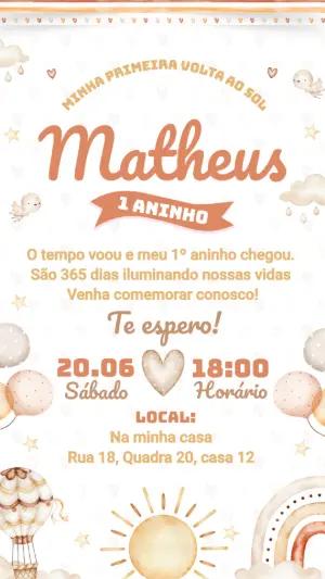 Convite Aniversário 1 Ano Volta ao Sol Aquarela Editável