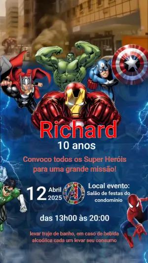 Convite Animado de Aniversário Super-Heróis Vingadores para Editar
