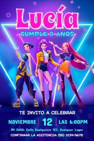 Invitación de Cumpleaños Guerreras K-pop Neón para Editar