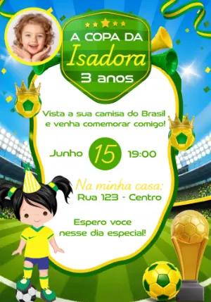 Convite Aniversário Futebol Menina Brasil com Foto Editável