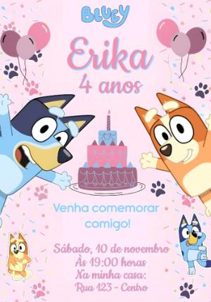 Convite de Aniversário Bluey e Bingo Rosa Modelo Editável