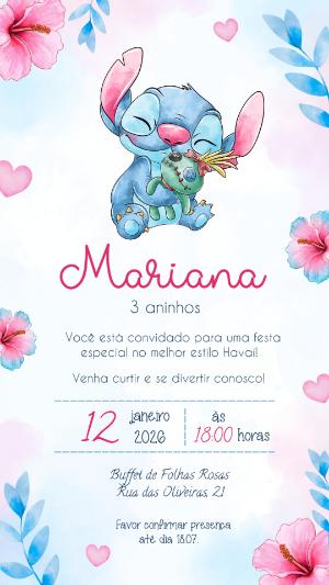 Convite de Aniversário Stitch Havaiano Aquarela para Editar