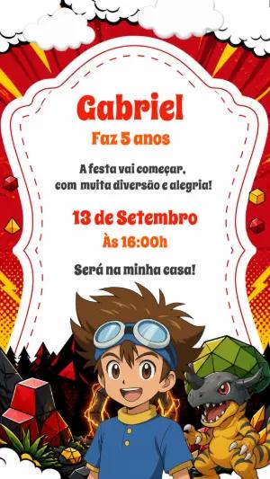 Convite de Aniversário Digimon Editável para Festa Infantil
