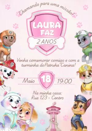 Convite Digital Patrulha Canina Rosa para Aniversário Editável