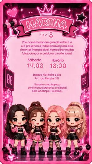 Convite de Aniversário Pop Star K-pop Editável para Menina
