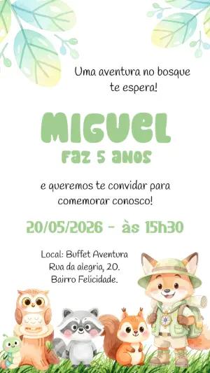 Convite de Aniversário Infantil Bosque Aventura Editável