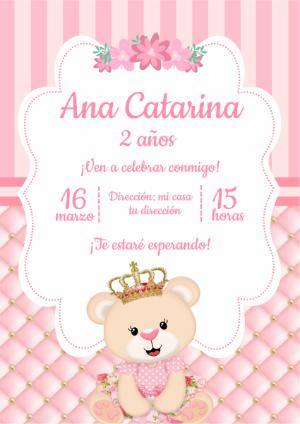Invitación de Cumpleaños Osita Princesa Rosa para Editar