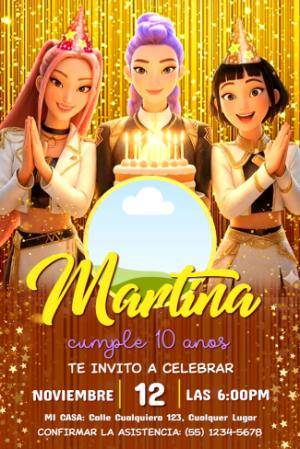 Invitación de Cumpleaños Las Guerreras K-Pop para Editar