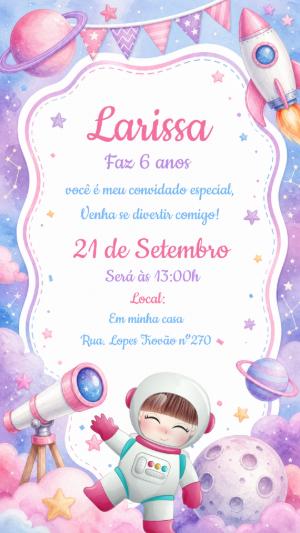 Convite de Aniversário Astronauta Menina em Aquarela Editável