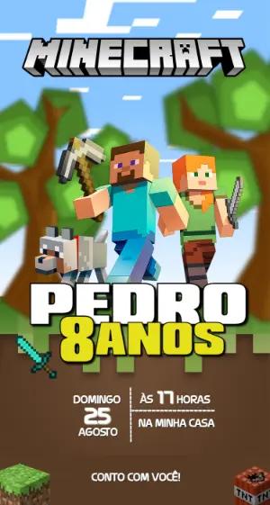 Convite de Aniversário Minecraft Pixelado para Editar