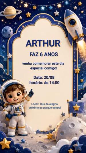 Convite de Aniversário Astronauta Infantil Modelo Editável