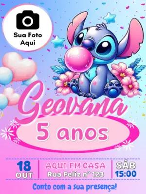 Convite Aniversário Stitch com Foto para Editar Online