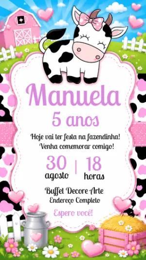 Convite de Aniversário Vaquinha Fazendinha Rosa Editável
