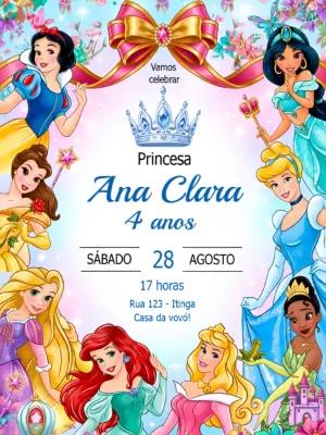 Convite de Aniversário Princesas Disney Editável