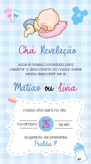 Convite Chá Revelação Bebê Fofo Azul e Rosa para Editar