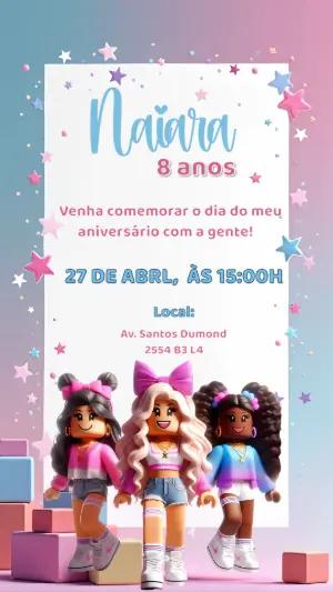 Convite de Aniversário Roblox com Bonecas para Editar Online