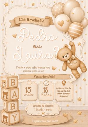Convite Digital Chá Revelação Ursinho Paleta Clean Editável