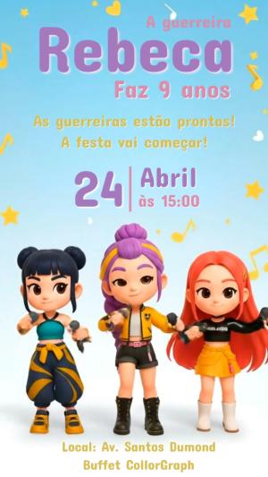 Convite Animado Aniversário Guerreiras do Kpop para Editar