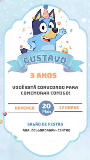 Convite de Aniversário Bluey Azul para Editar e Enviar