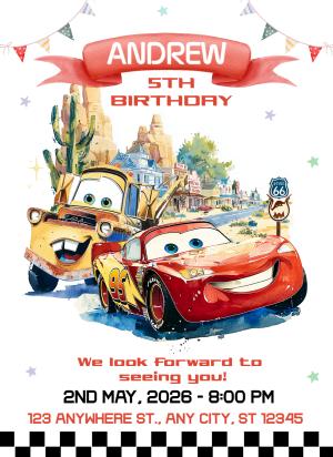 Cars Birthday Invitation, Watercolor Style Editable Template