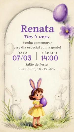 Convite de Aniversário Páscoa Coelhinha Aquarela Editável