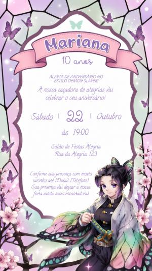 Convite de Aniversário Shinobu Kocho Demon Slayer Editável
