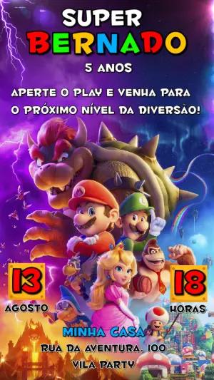 Convite de Aniversário Super Mario Filme Modelo Digital Editável