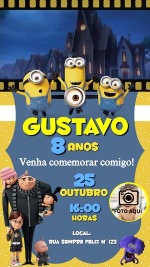 Convite Animado Minions: Vídeo de Aniversário com Foto Editável