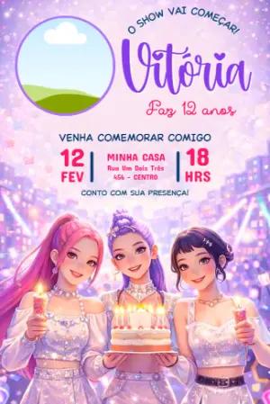 Convite de Aniversário Guerreiras do Kpop com Foto para Editar