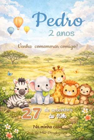 Convite Digital Aniversário Infantil Safari Aquarela para Editar
