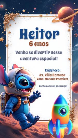 Convite Aniversário Stitch Astronauta para Editar Online