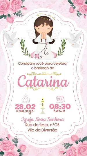 Convite de Batizado Menina Anjinha Rosa para Editar