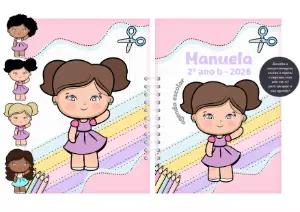 Capa de Agenda Escolar Menina com Personagens para Editar Online