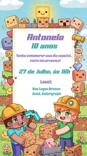 Convite Aniversário Minecraft Fofo para Editar Online