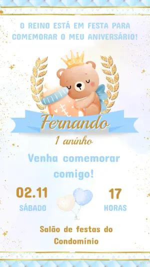 Convite de Aniversário Ursinho Realeza Azul e Dourado Editável