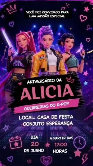 Convite de Aniversário K-Pop Guerreiras Neon para Editar