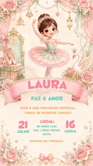 Convite de Aniversário Bailarina Rosa e Dourado para Editar