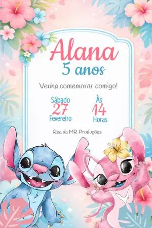 Convite de Aniversário Stitch e Angel Tropical para Editar