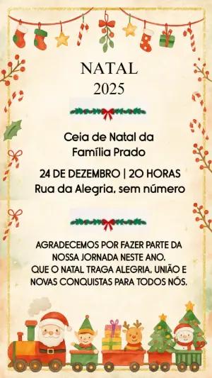 Convite de Natal Editável com Trem do Papai Noel em Aquarela