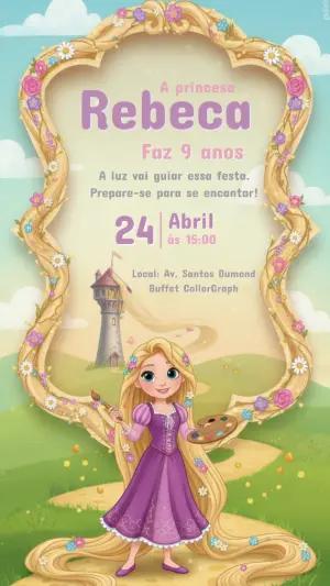 Convite Digital Princesa Rapunzel com Cabelo Floral Editável